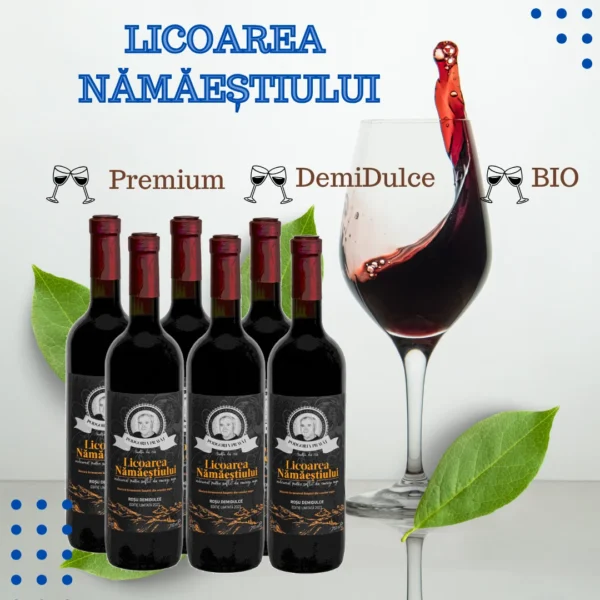 Pachet de 6 sticle de vin de coacăze negre demidulce, 750 ml, cu gust catifelat.